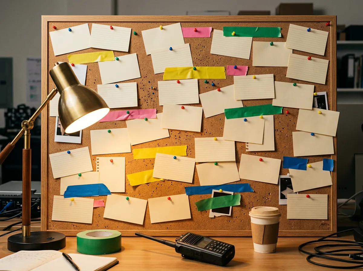 A production office corkboard covered in blank index cards and strips of yellow, pink, green and blue tape, with a brass desk lamp, a roll of green tape, a walkie-talkie and a coffee cup.
