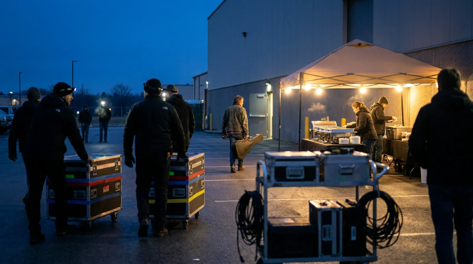 Blue-hour dawn behind a venue: crew wheel road cases striped with colored tape, a musician carries a guitar case, and caterers set up chafing dishes under a lit tent.